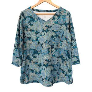J. Jill Pima 3/4 Sleeve V-Neck Tee Women's Large T-Shirt Paisley 100% Cotton